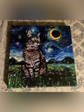 T.J.Maxx Starry Night Cat Painting in Blue, Green, Yellow